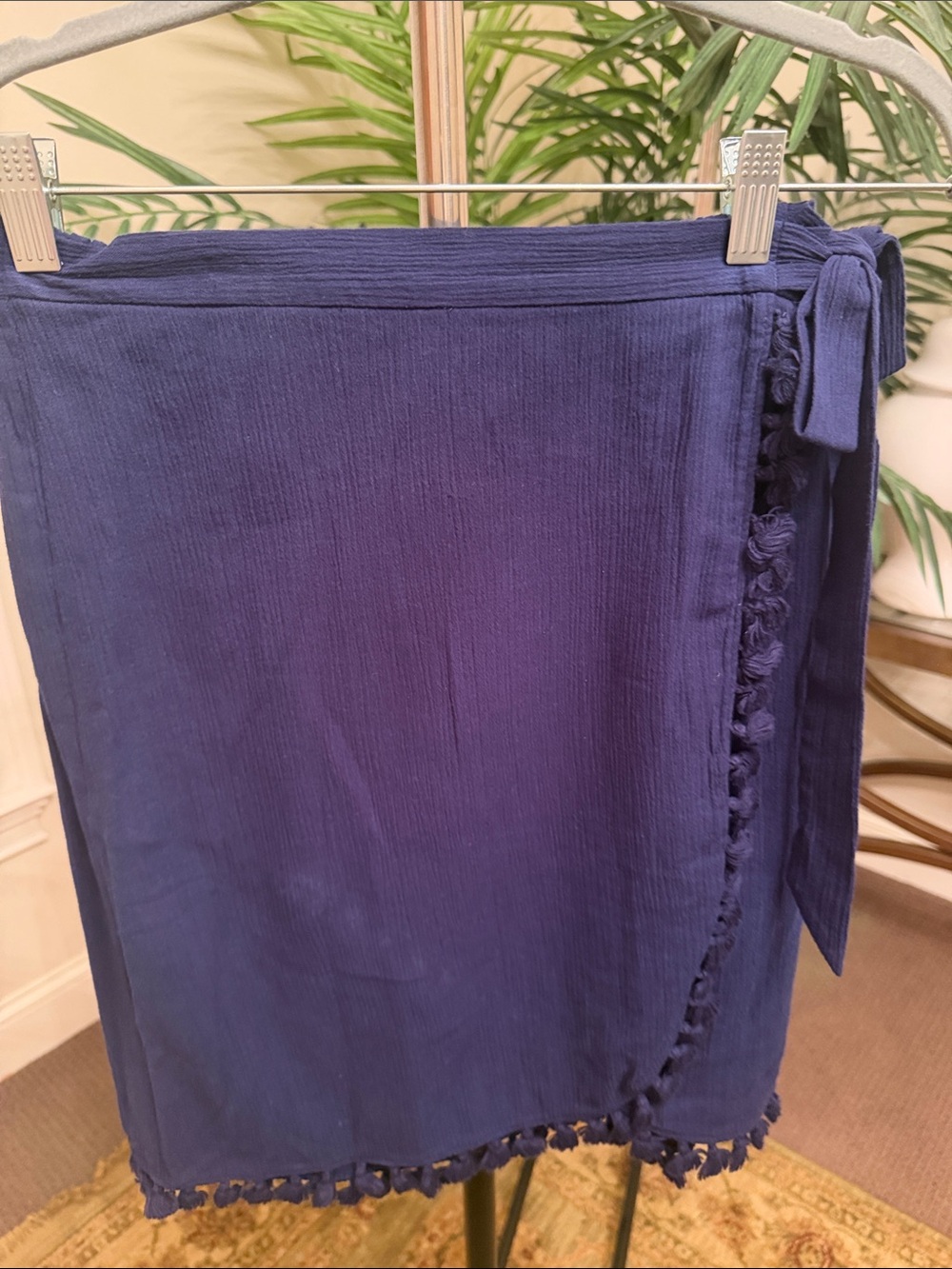 J. Crew Navy Blue Midi Wrap Skirt with Tassel Trim